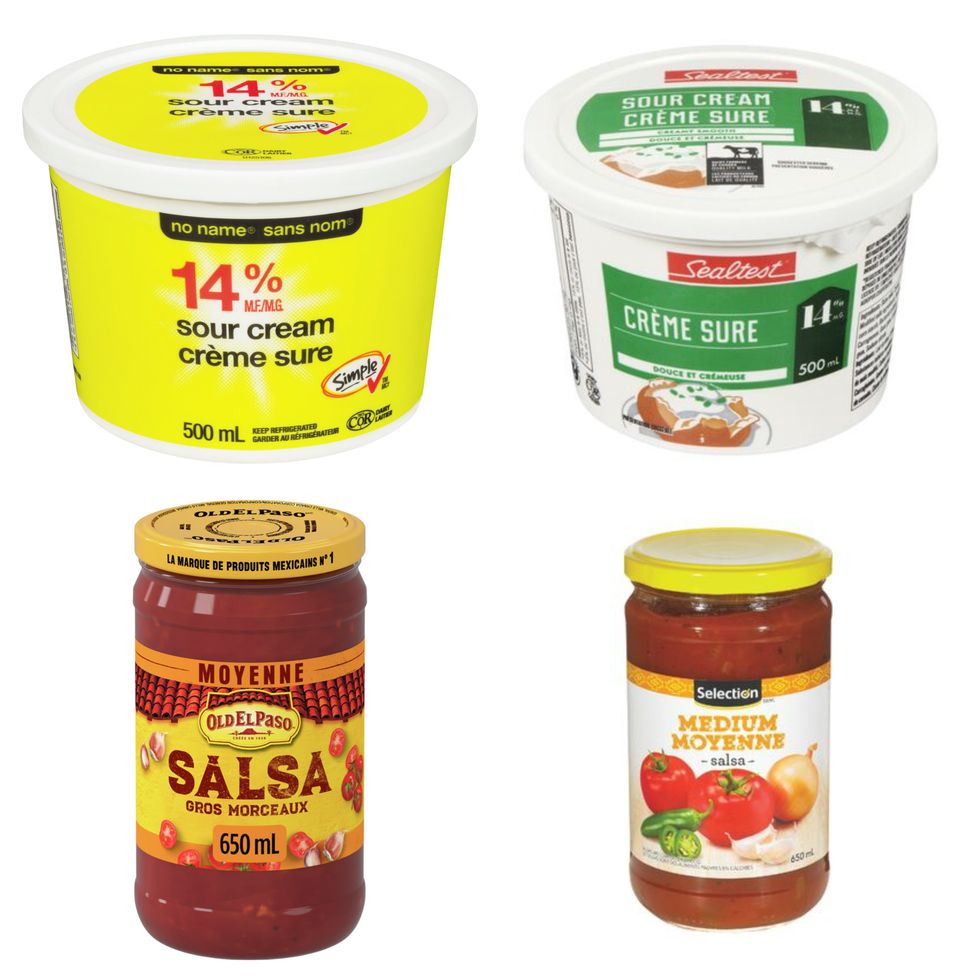 La cr\u00e8me sure sans nom du Maxi. Droite : La cr\u00e8me sure Sealtest du Super C. Bas droit : La salsa Old El Paso du Maxi. Bas gauche : La salsa Selection du Super C.