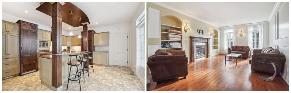 La cuisine avec ilot de l'ancienne propri\u00e9t\u00e9 de C\u00e9line Dion. Droite : Salon avec foyer de l'ancienne propri\u00e9t\u00e9 de C\u00e9line Dion.