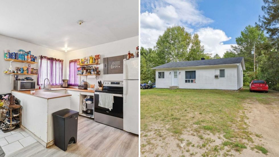 La cuisine d'une maison \u00e0 vendre au Qu\u00e9bec. Droite : la fa\u00e7ade de la maison.