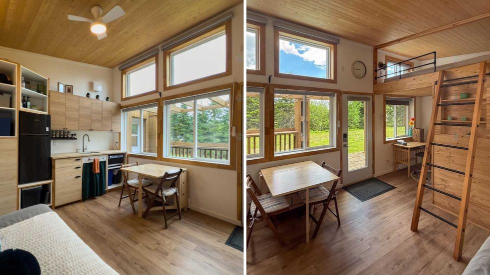 La cuisine d'une petite maison \u00e0 vendre au Qu\u00e9bec. Droite : la salle \u00e0 manger de la petite maison.