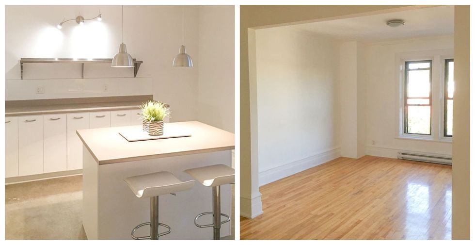 La cuisine de l'unit\u00e9 de location. Droite : Une pi\u00e8ce de l'unit\u00e9 de location.