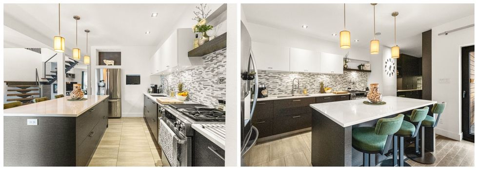 La cuisine. Droite : La cuisine.