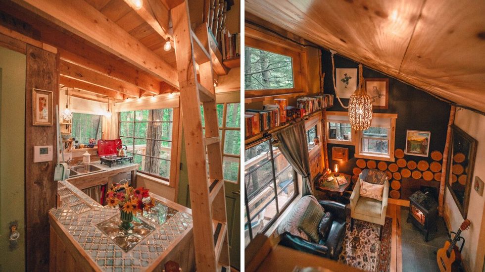 La cuisine. Droite : Le salon.