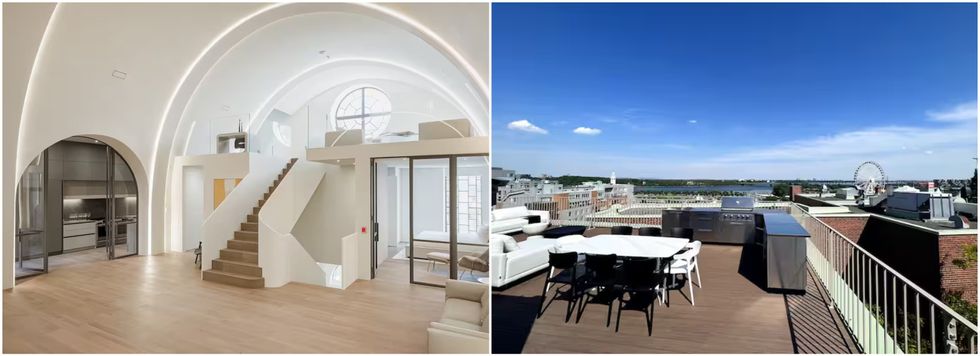 La cuisine, la mezzanine et une chambre. Droite : La terrasse sur le toit. 