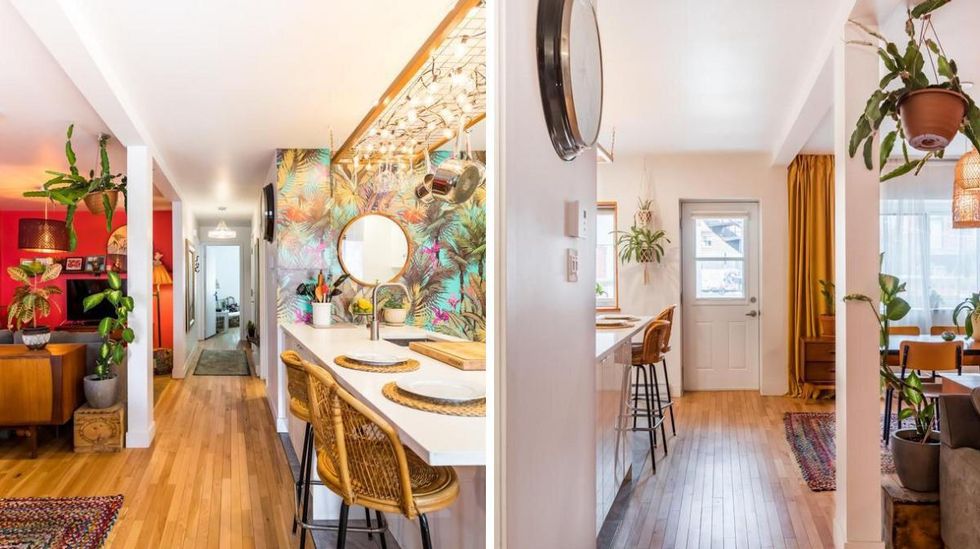 La cuisine, le salon et le corridor. Droite : La salle \u00e0 manger et la cuisine du condo.