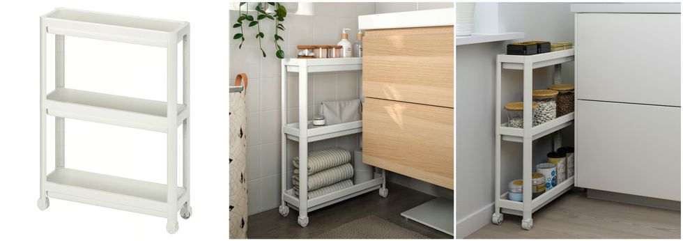 La desserte blanche VESKEN chez IKEA. Centre : La desserte VESKEN dans une salle de bain. Droite : La desserte du IKEA dans une salle de bain.