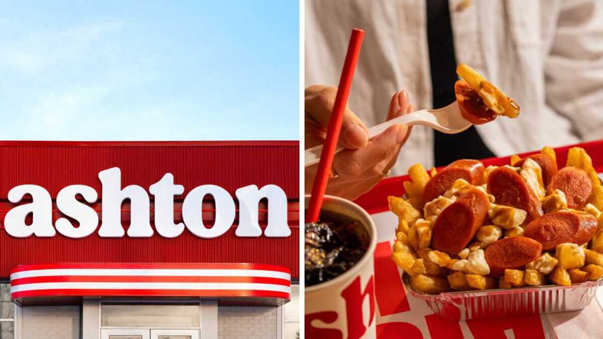 La devanture d'un Ashton. Droite : Une poutine aux saucisses du Ashton.