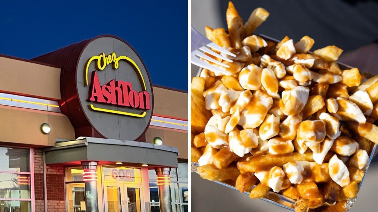 La devanture d'un Ashton. Droite : Une poutine de chez Ashton.