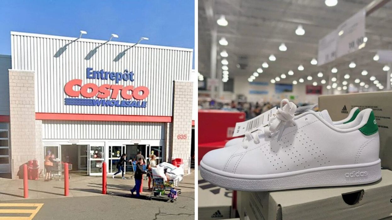 La devanture d'un Costco. Droite : Des espadrilles blanches pour enfant de marque Adidas vendues dans le rayon des vêtements chez Costco.