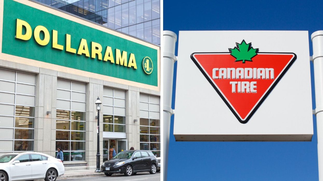 La devanture d'un magasin Dollarama. Droite : L'affiche d'un Canadian Tire.