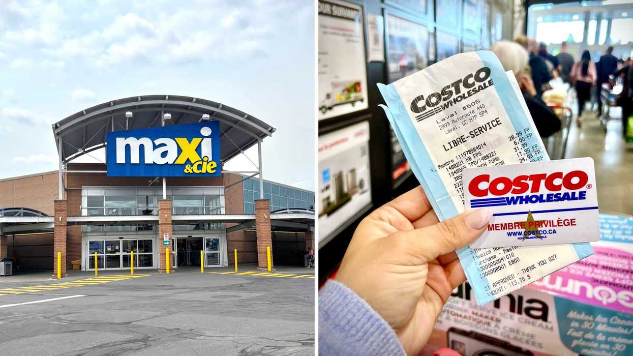 La devanture d'un Maxi. Droite : une carte Costco et une facture.