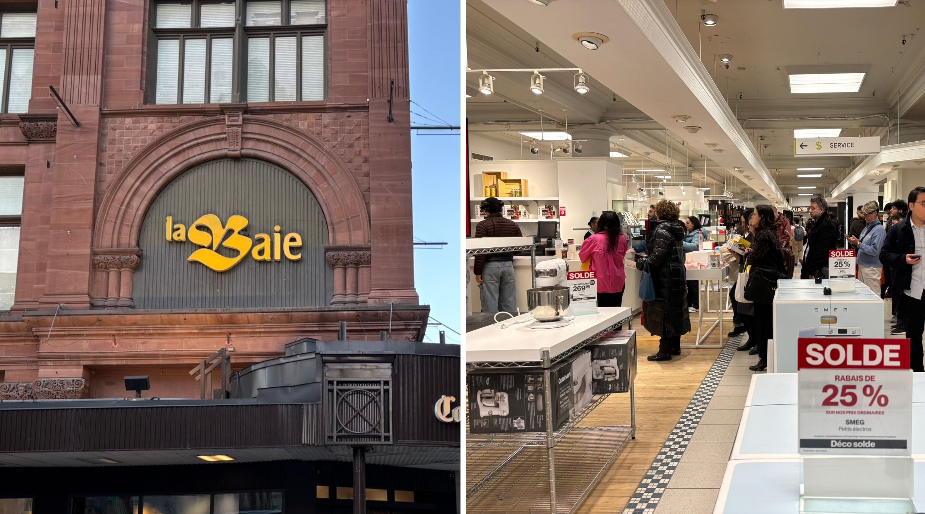 La devanture d'une boutique La Baie. À droite : des clients en file d'attente.