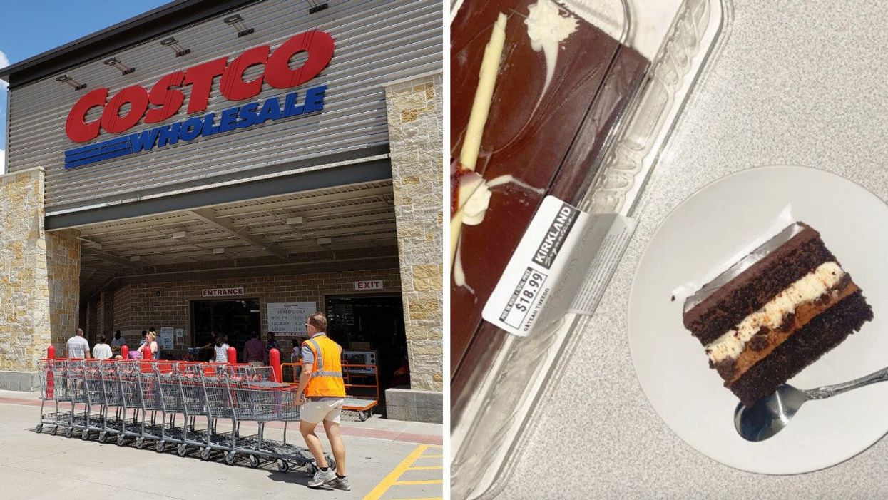 La devanture de l'Entrepôt Costco, succursale de Saint-Bruno. Droite : Une part de gâteau Tuxedo Kirkland Signature dans une assiette.