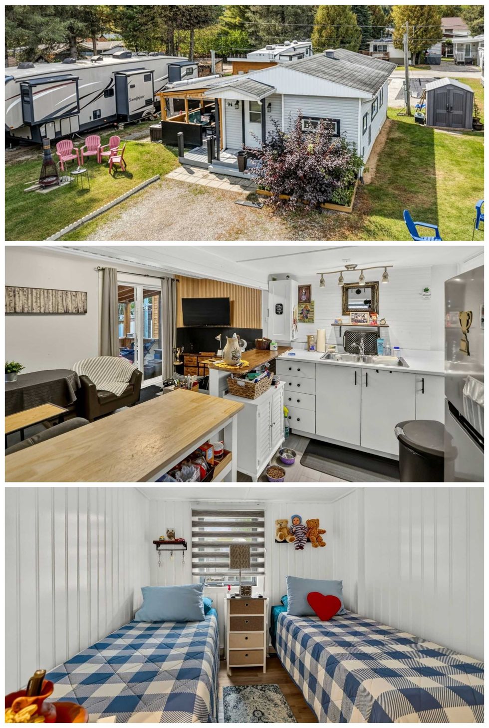 La devanture de la maison. Centre : la cuisine et le salon. Bas : une chambre.