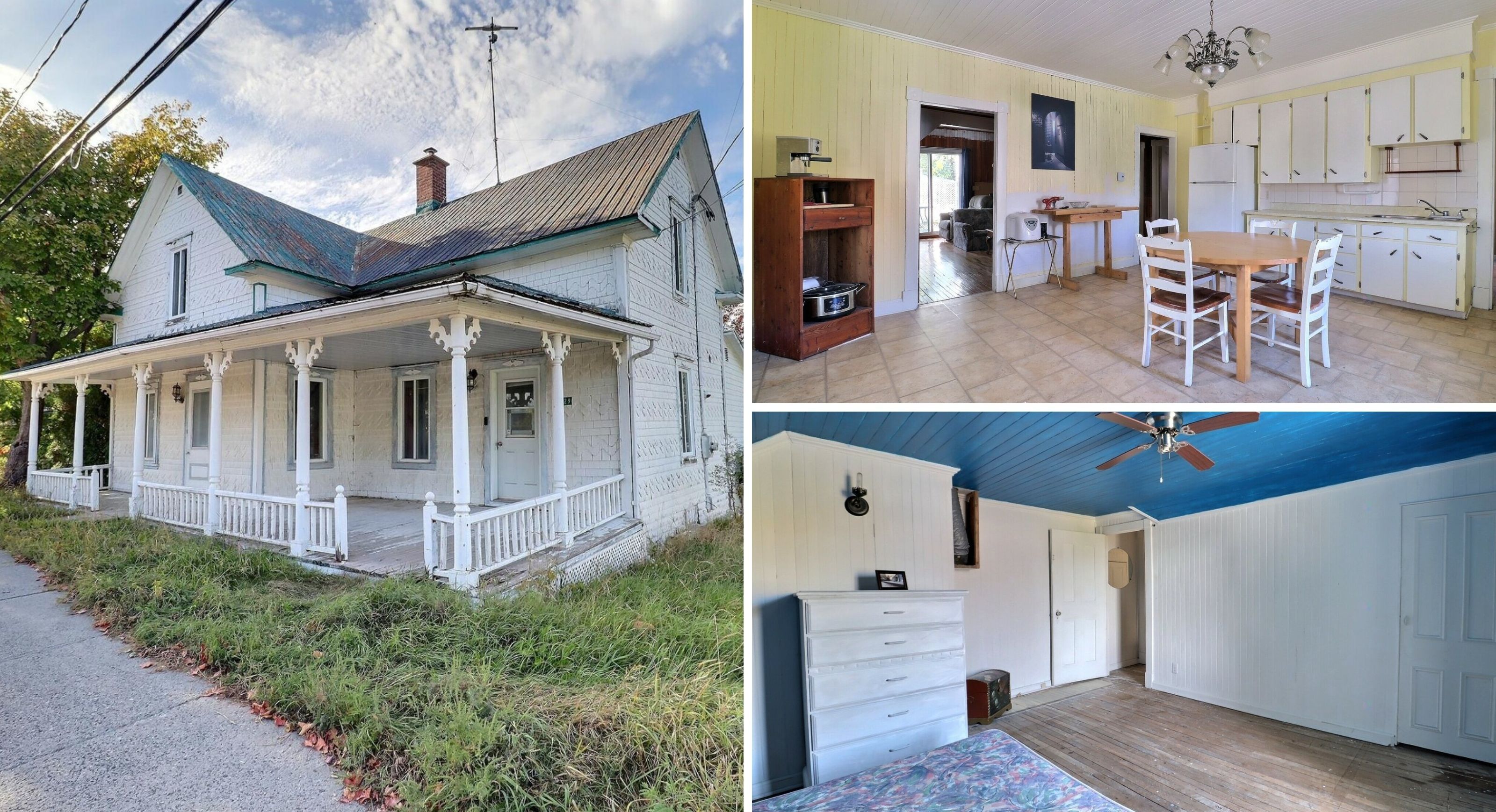 La devanture de la maison. Droite : la cuisine et une chambre.