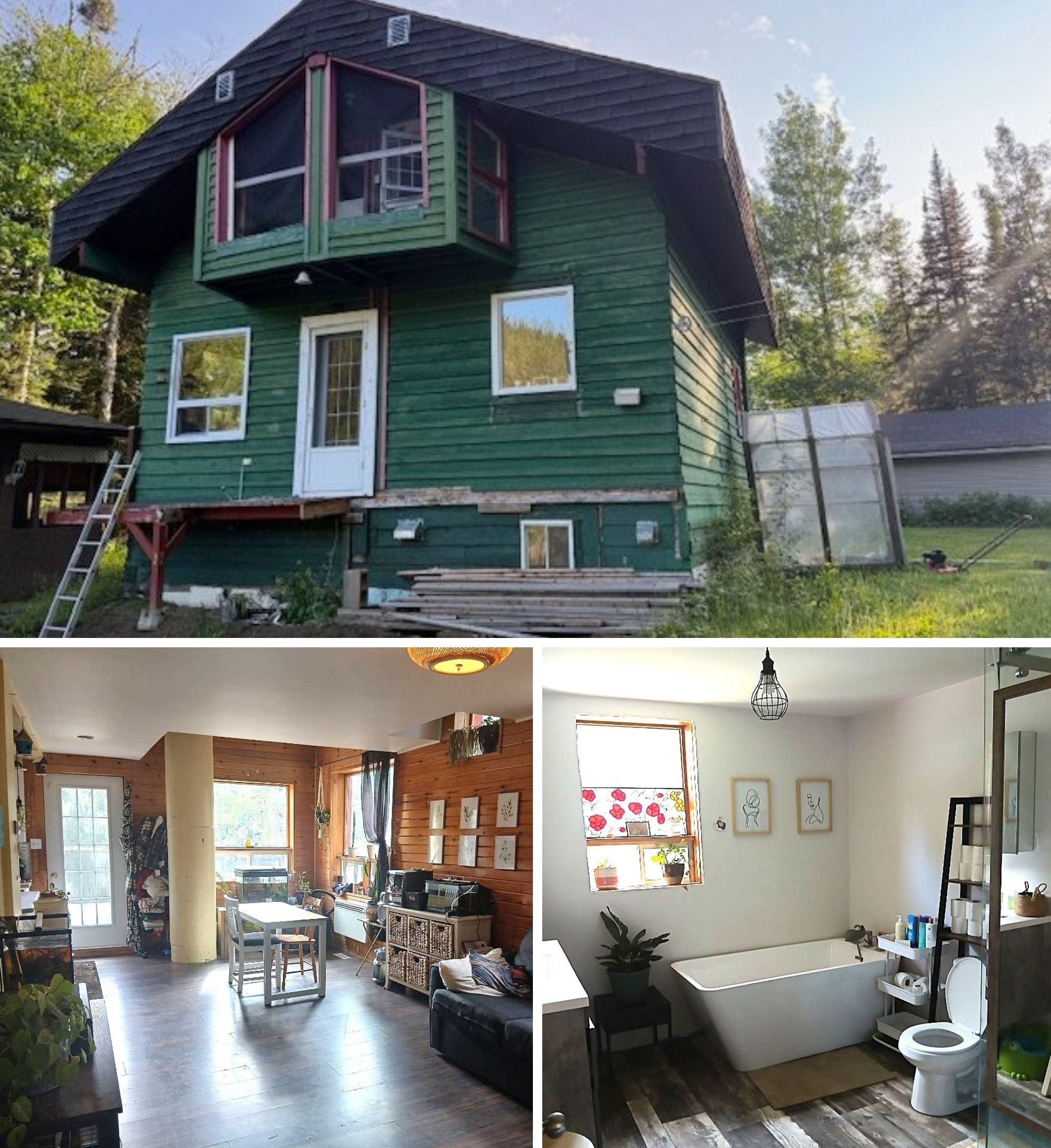 La devanture de la maison. En-bas \u00e0 gauche : la salle \u00e0 manger. En-bas \u00e0 droite : la salle de bain.