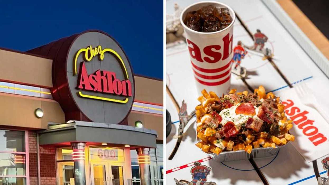 La devanture du Ashton. Droite : Une poutine du Ashton.