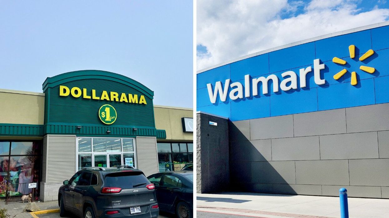 La devanture du Dollarama. Droite : La façade d'un Walmart.