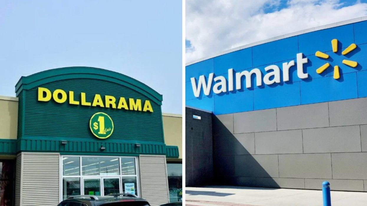 La devanture du Dollarama. Droite : La façade d'un Walmart.