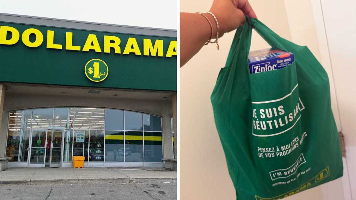 La devanture du Dollarama. Droite: Le sac Dollarama rempli d'items.