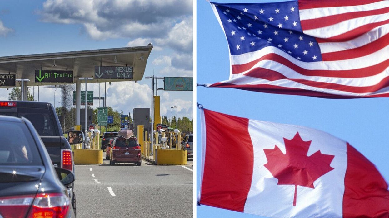 La douane américaine. Droite : les drapeaux canadien et américain.