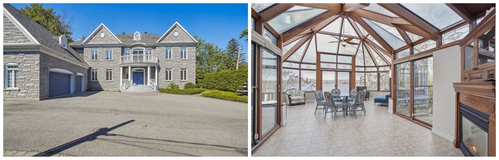 La fa\u00e7ade en pierre grise de l'ancienne propri\u00e9t\u00e9 de C\u00e9line Dion. Droite : Le solarium meubl\u00e9 de l'ancienne propri\u00e9t\u00e9 de C\u00e9line Dion.