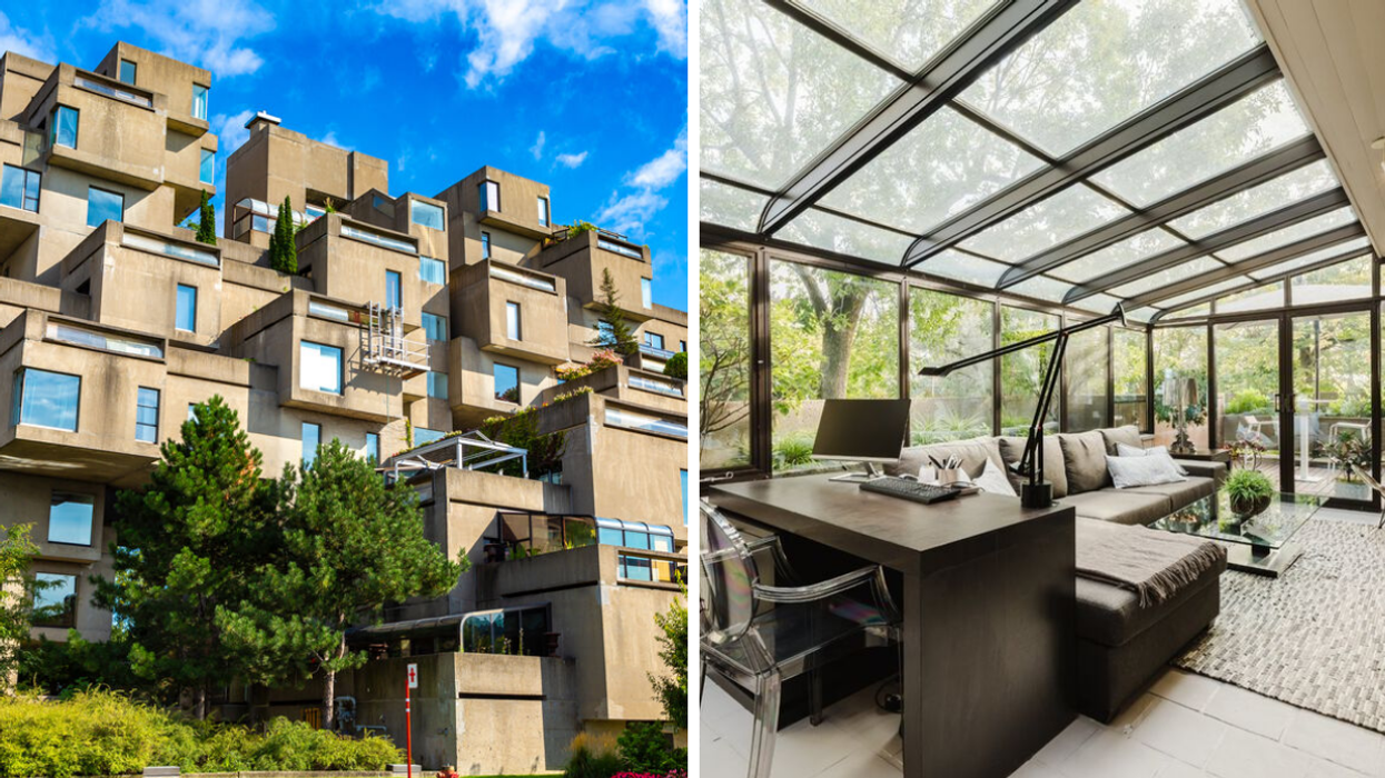 La façade d'Habitat 67. Droite : La terrasse d'une unité d'Habitat 67.