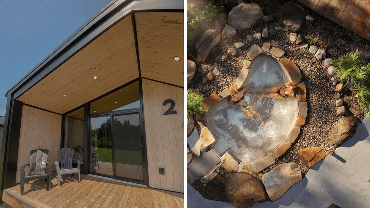 La façade d'un chalet. Droite : Un spa vu de haut.