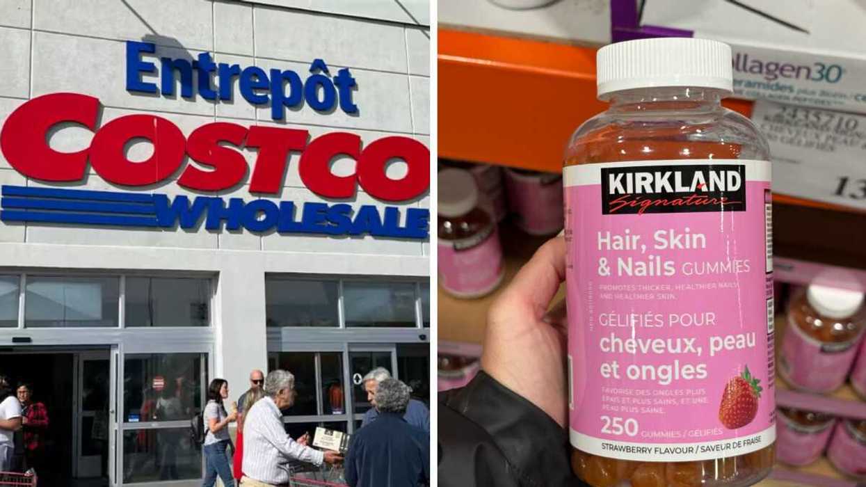 La façade d'un Costco. Bouteille de gélifiés pour cheveux, peau et ongles de marque Kirkland Signature.