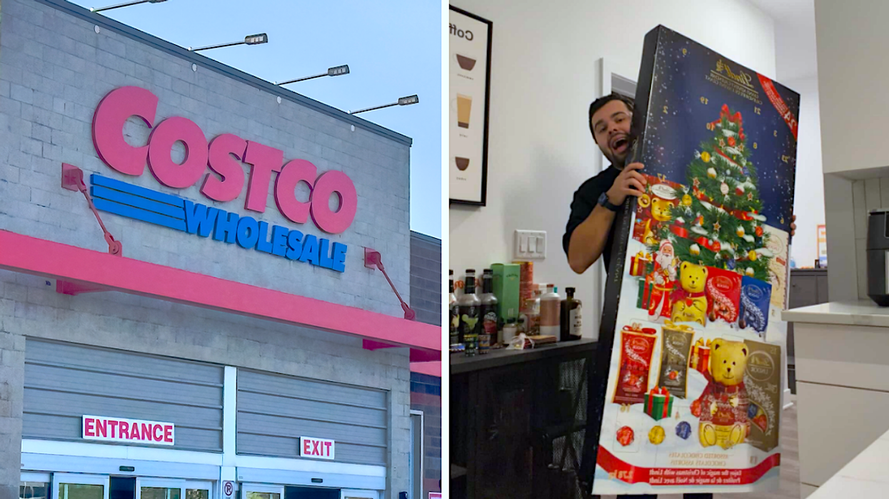 La façade d'un Costco. Droite : Brendan Mikan avec le géant calendrier de l'avent Lindt.