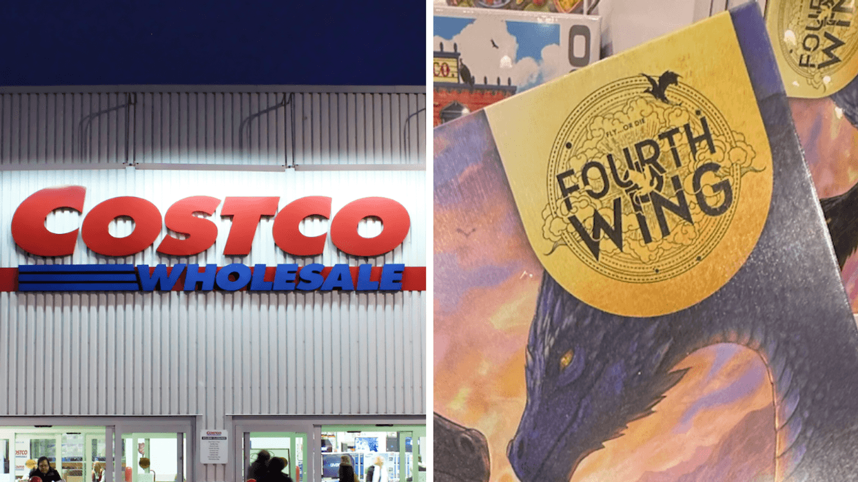 La façade d'un Costco. Droite : Casse-tête Fourth Wing avec un dragon sur la boîte, vendu chez Costco.