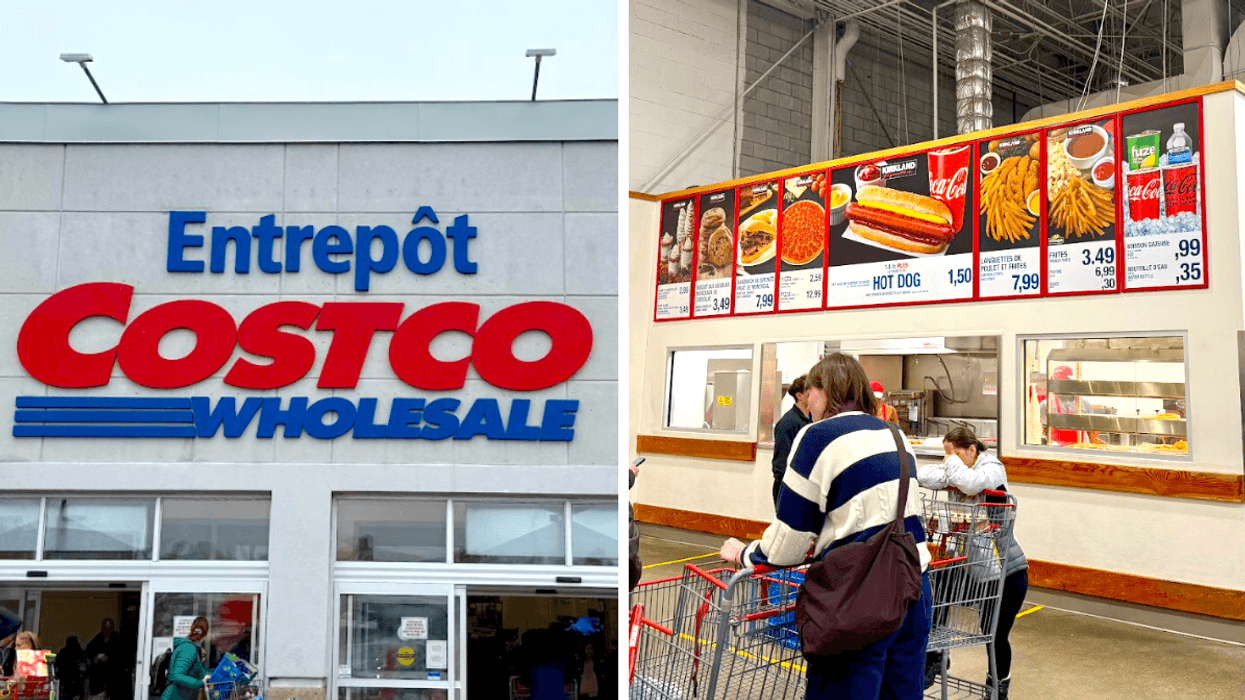 La façade d'un Costco. Droite : L'aire de restauration du Costco.