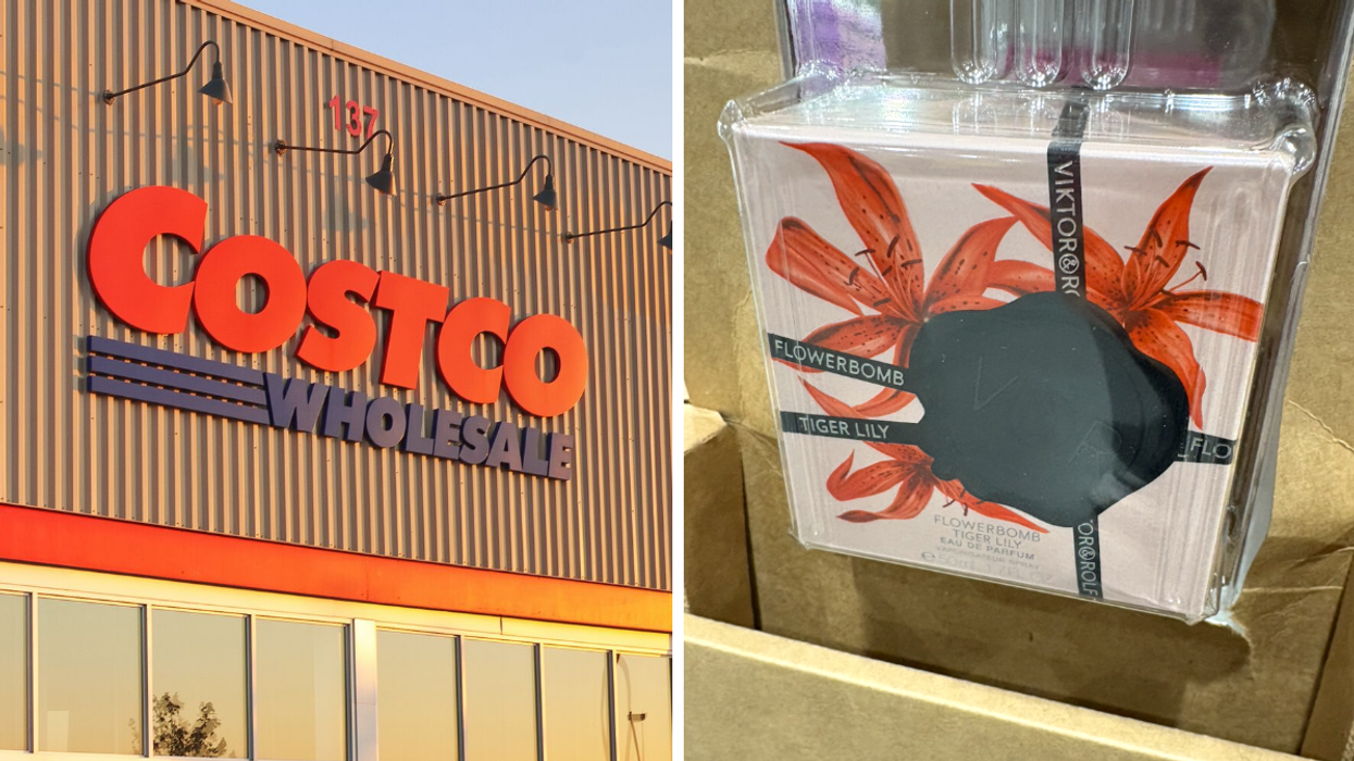 La façade d'un Costco. Droite : L'eau de parfum Flowerbomb Tiger Lily.