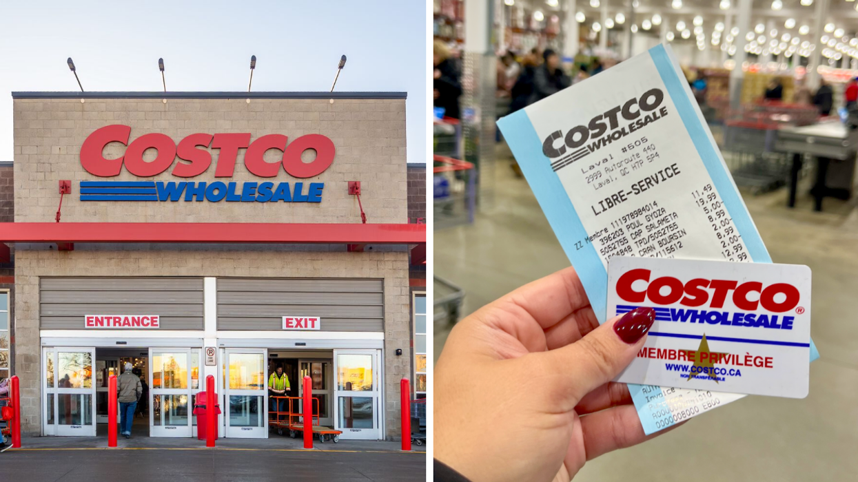La façade d'un Costco. Droite : La main d'Izabelle tenant une carte de membre Costco et une facture.