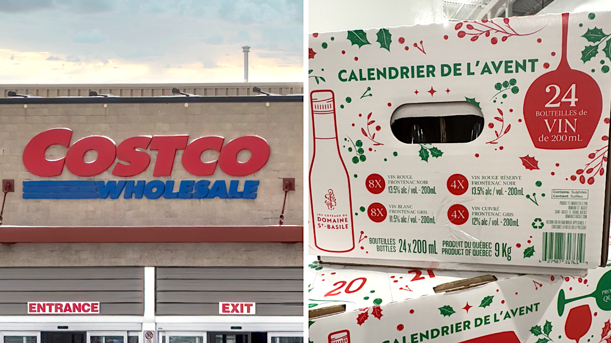 La façade d'un Costco. Droite : Le calendrier de l'avent Célébrons avec le Domaine St-Basile au Costco.