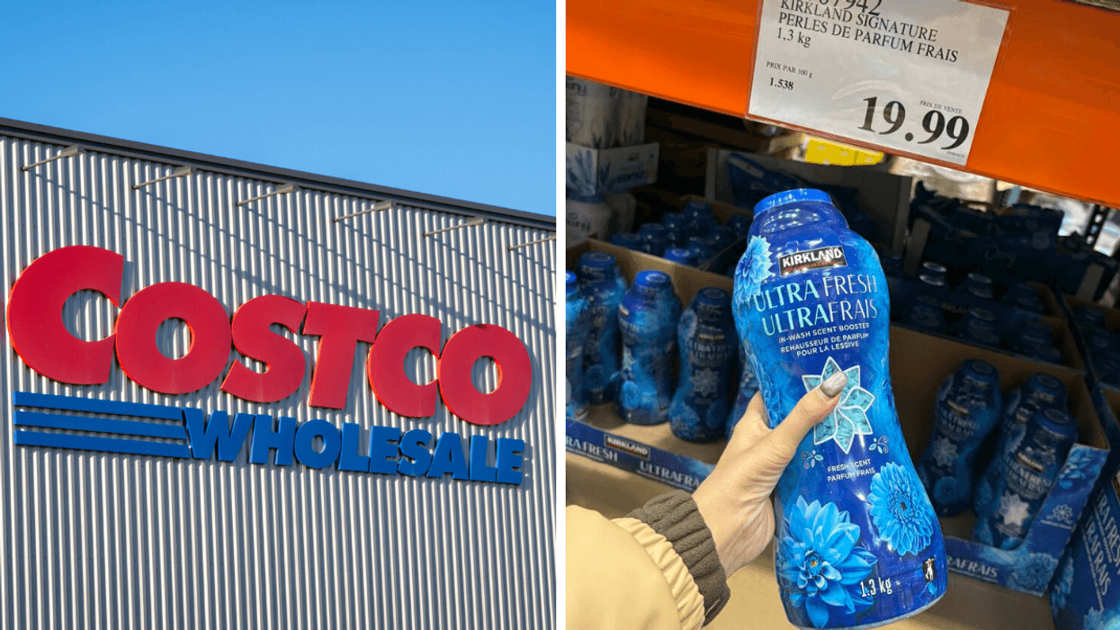 La façade d'un Costco. Droite : Les perles de parfums pour la lessive Kirkland Signature au Costco.