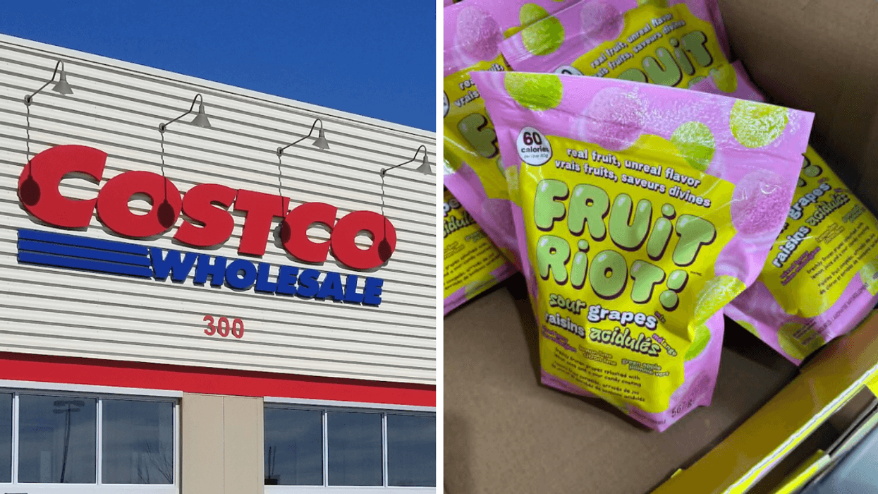 La façade d'un Costco. Droite : Raisins acidulés Fruit Riot