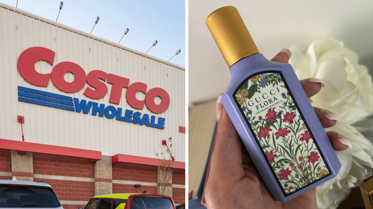 La façade d'un Costco. Droite : Une main tenant le parfum Gucci Flora Gorgeous Magnolia.