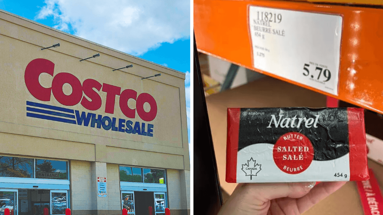 La façade d'un Costco. Droite : Une main tenant un bloc de beurre salé Natrel au Costco.