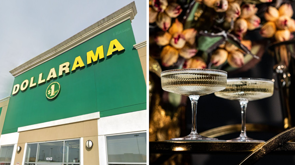 La façade d'un Dollarama. Droite : Des coupes à cocktail à vendre sur Amazon.