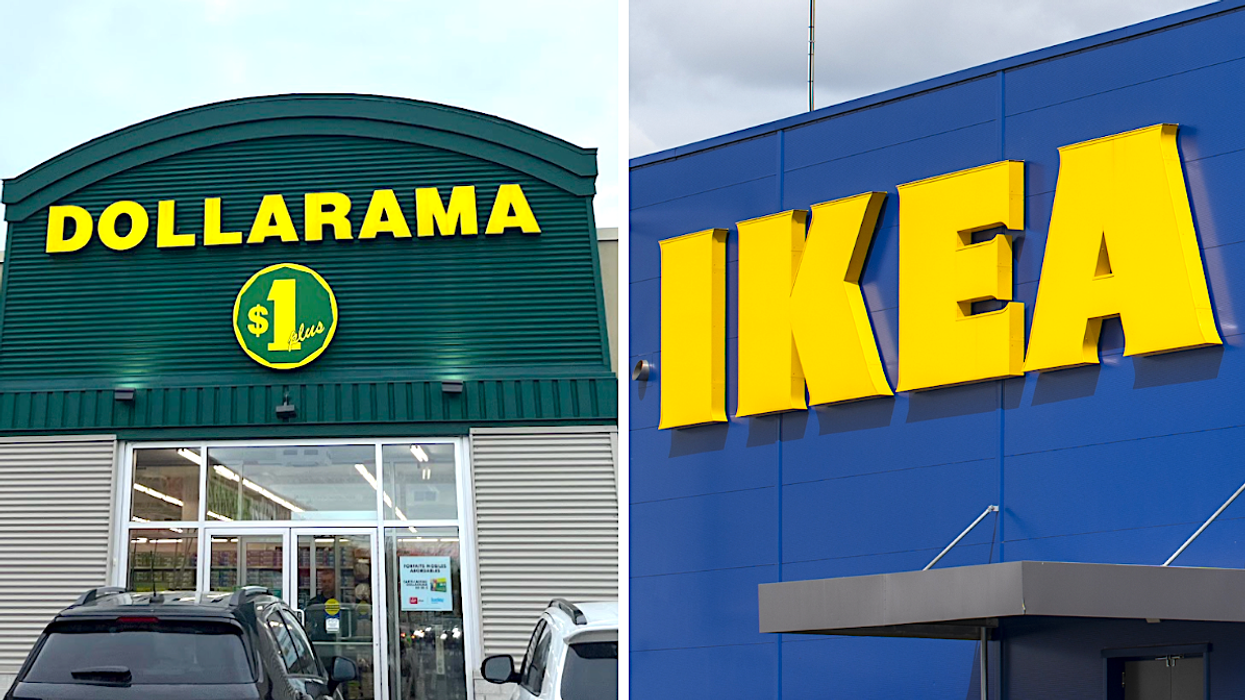 La façade d'un Dollarama. Droite : La façade d'un IKEA.