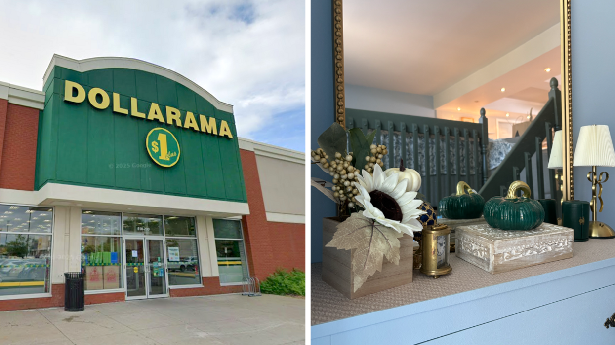 La façade d'un Dollarama. Droite : Les décorations d'automne du Dollarama, dans une entrée.