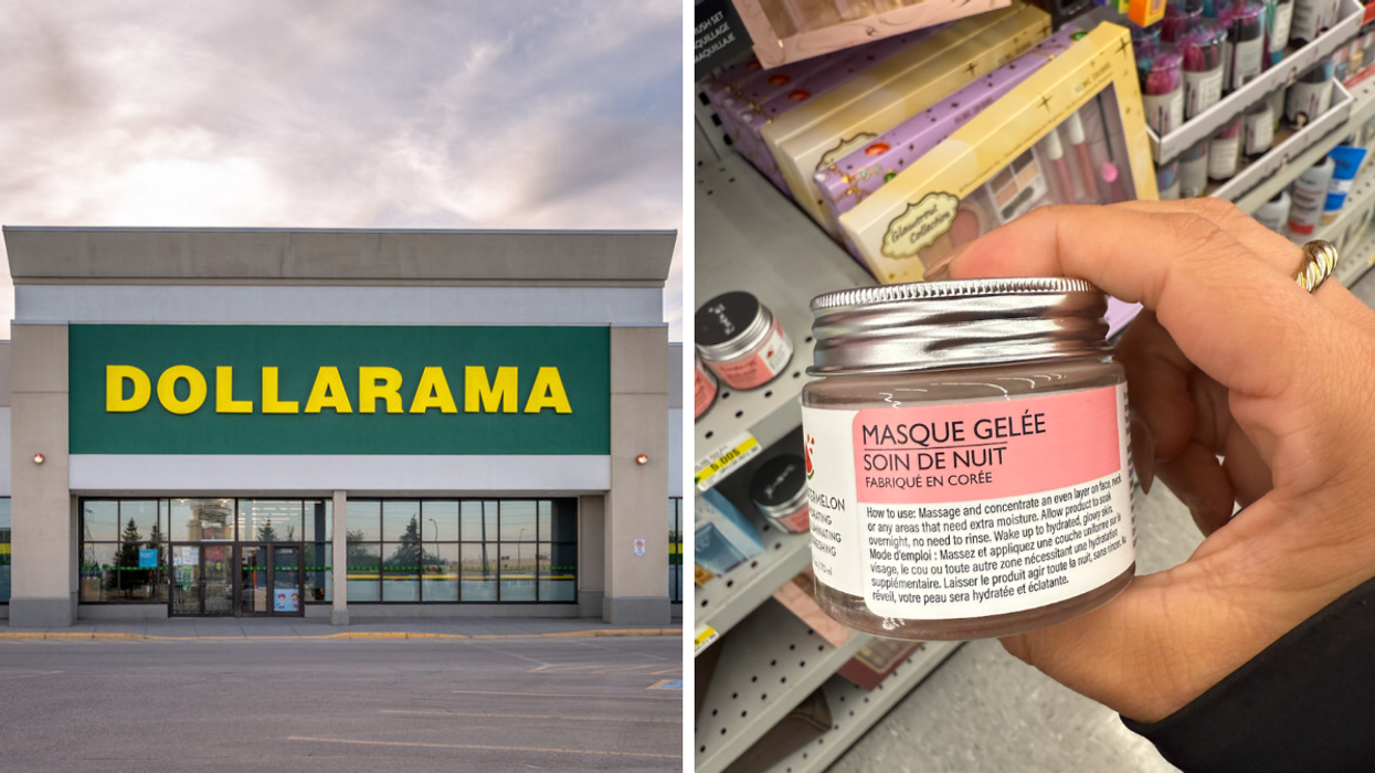 La façade d'un Dollarama. Droite : Une main qui tient un pot de marque gelée The Crème Shop.