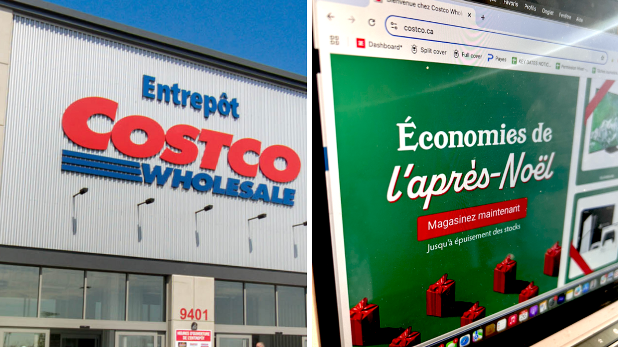 La façade d'un entrepôt Costco. Droite : Le site de solde de l'Après-Noël du Costco.