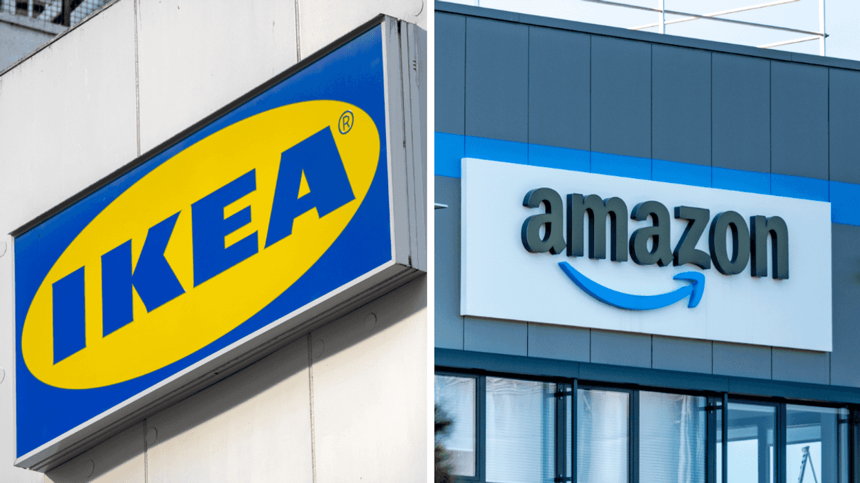 La façade d'un IKEA. Droite : Une enseigne Amazon.
