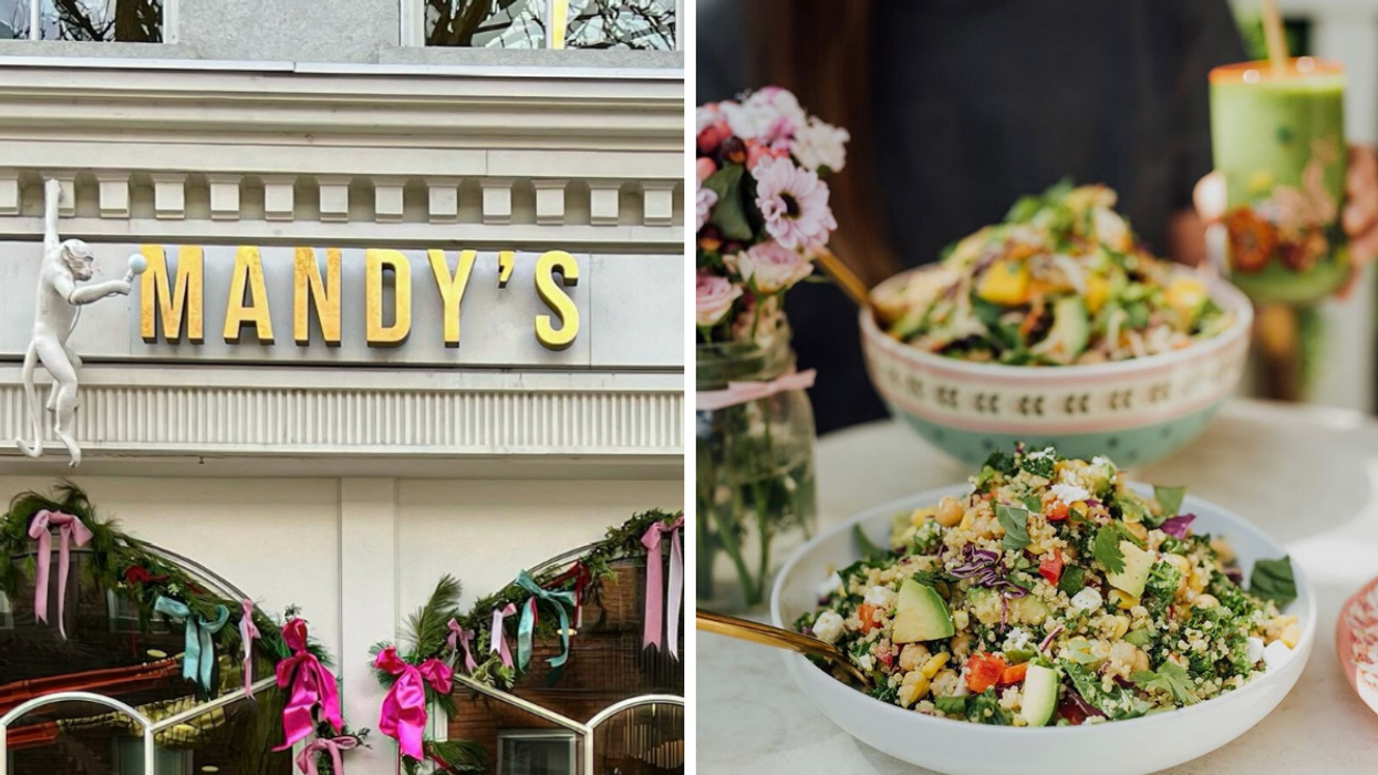 La façade d'un Mandy's. Droite : Des salades du Mandy's.