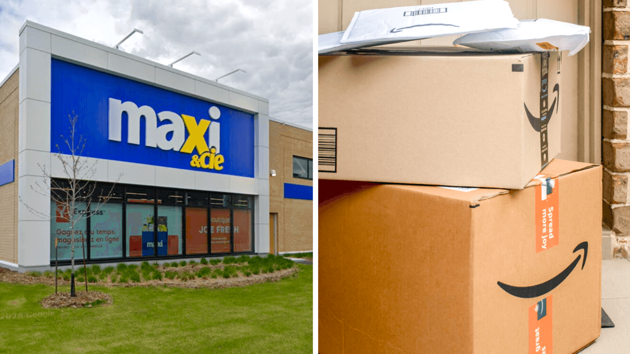 La façade d'un Maxi. Droite : Des boites de livraison Amazon.