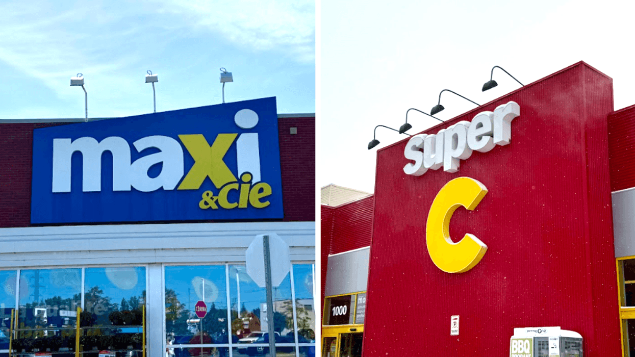 La façade d'un Maxi. Droite : La façade enneigée du Super C.