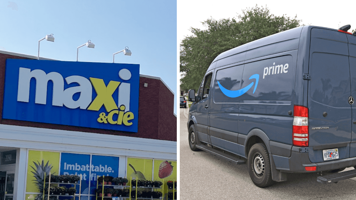 La façade d'un Maxi. Droite : Un camion de livraison Amazon Prime.