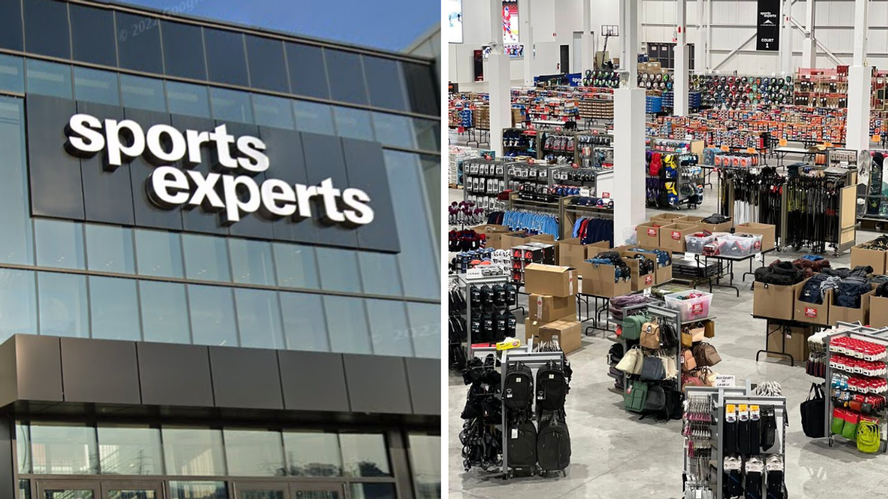 La façade d'un Sports Experts. Droite : La vente d'entrepôt de la Place Sports Experts.